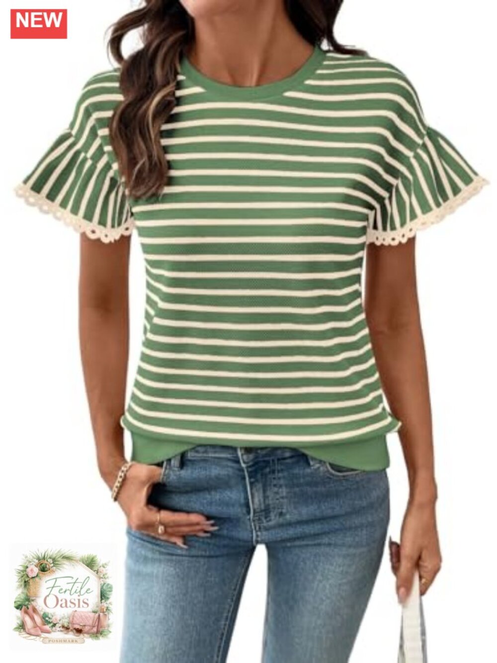 Women's Rib Knit Striped Ruffle Sleeve Top, Cotton Blend Tee